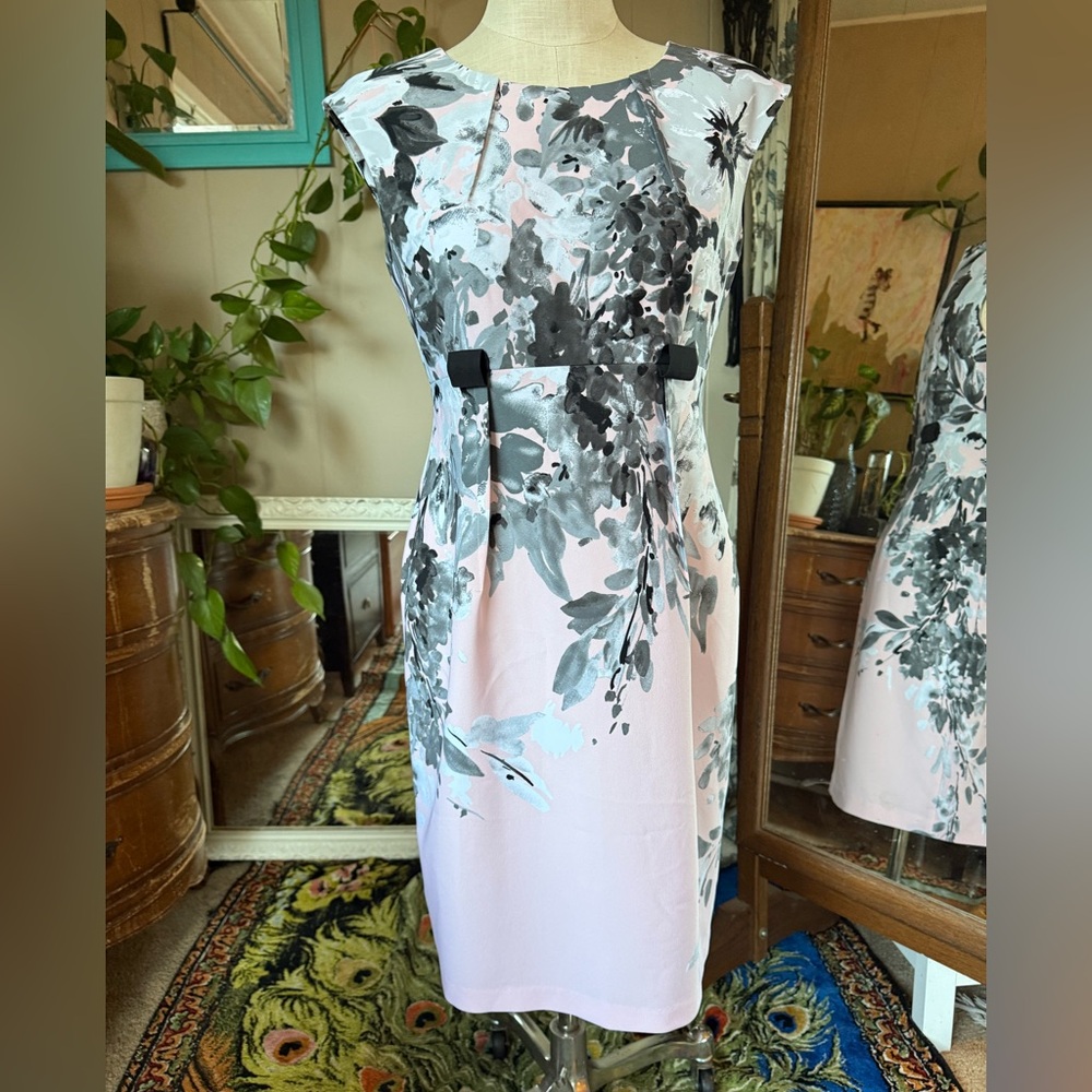 Connected Apparel Pink and Gray Floral Midi Dress